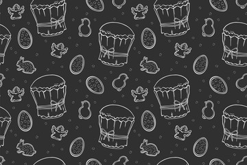 Easter cakes seamless pattern chalk on black background