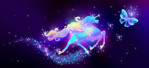 Obraz na płótnie Canvas Butterfly and galloping iridescent unicorn with luxurious winding mane against the background of the fantasy universe with sparkling stars