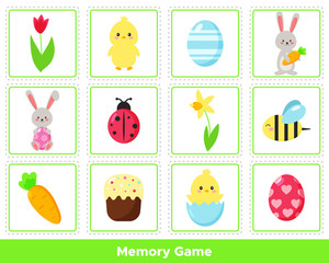 Memory game for preschool kids. Cute vector Easter rabbit and eggs, chicken, spring flowers, insects and cake.