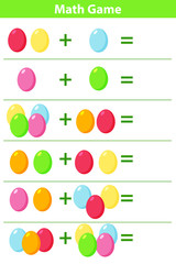 Educational a mathematical game. Vector Easter eggs. Addition worksheet.