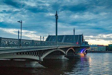 White nights in Petersburg. Blagoveshchensky bridge. Neva River. Dilated bridges in St. Petersburg. Russian cities.