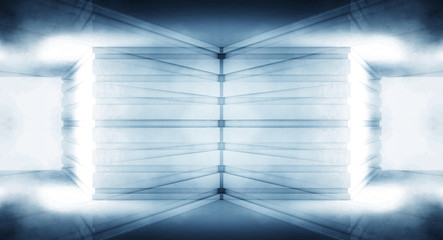 Tunnel in blue neon light, underground passage. Abstract blue background. Background of an empty black corridor with neon light. Abstract background with lines and glow