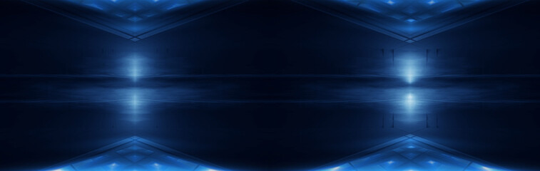 Tunnel in blue neon light, underground passage. Abstract blue background. Background of an empty black corridor with neon light. Abstract background with lines and glow