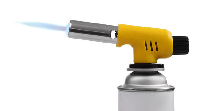 Manual Gas Torch Burner (blowtorch) On Spray Can With Blue Flame For Camping, Soldering Or Repair Isolated On White Background. Serie Of Tools.