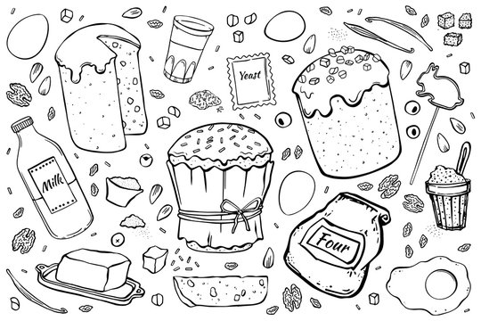 A set of items for the preparation of Easter cake. Black outline on a white background.