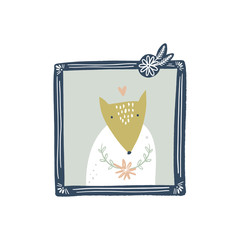 Vector cute animal painting portrait in frame. Child cute illustration, nursery decor. Baby style