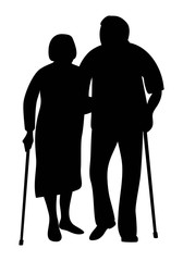 Elderly couple holding hands walking in the park silhouette. Grandfather and grandmother stand together leaning on a cane. Vector illustration.