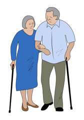 Elderly couple holding hands walking in the park. Grandfather and grandmother stand together leaning on a cane. Vector illustration.