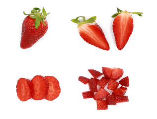 Set of fresh and sliced ​​red strawberries isolated on white