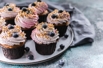 Delicious cupcakes with blueberry cream, fresh blueberries and nut sprinkel.