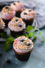 Homemade cupcakes with blueberries on dark blue concrete background. Vertical shot