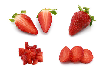 Set of fresh and sliced ​​red strawberries isolated on white