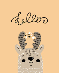Hello - Cute hand drawn nursery poster with cartoon character animal deer and lettering. In scandinavian style. Color vector illustration. - 256496958