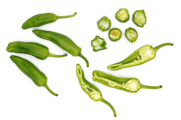 chilli pod - set of fresh whole and chopped fresh green chili peppers - isolated on white