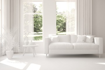 Stylish room in white color with sofa and green landscape in window. Scandinavian interior design. 3D illustration