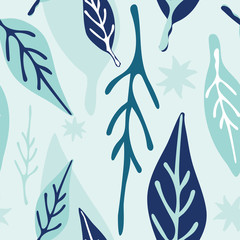 Seaside leaves in coastal colors, seamless pattern vector design. Fresh clean look for summer vacation, beach wedding or resort and spa.