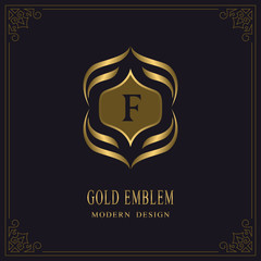Gold Monogram. Letter F. Graceful Emblem Template. Simple Logo Design for Luxury Crest, Royalty, Business Card, Boutique, Hotel, Heraldic, Restaurant. Calligraphic Vintage Border. Vector illustration