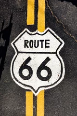 Gordijnen bordje route 66 aan de straat © travelview