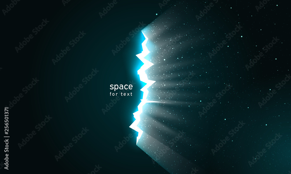 Wall mural light and stars in space from cracks in surface. dark broken wall glow portal into space. dark unive