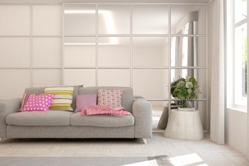 White stylish minimalist room with sofa. Scandinavian interior design. 3D illustration
