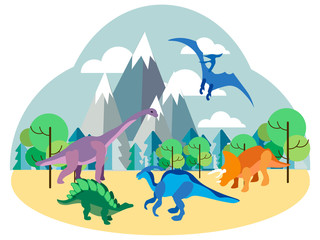 Dinosaurs, prehistoric animals on nature, set. In minimalist style Cartoon flat Vector © toricheks