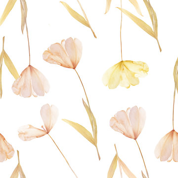 Pressed and dried tulip flowers pattern wallpaper on a white background. For use in scrapbooking