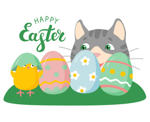 Funny Easter illustration with gray cat, chicken and eggs