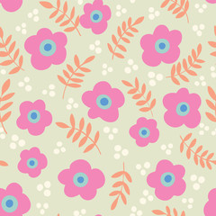 Seamless pattern with flowers and leaves. Great for fabrics, wallpaper, wrapping paper, cards.