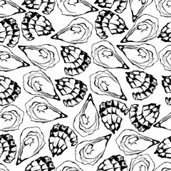 Fresh oysters seamless pattern. Black and white graphic design. Seafood. Stock Illustration Hand drawn oyster isolated on background. sketch style - Graphics