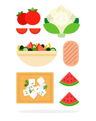 Vegetable salad, cauliflower, tomato slices, chicken breast, feta with dill on the board for cutting, slices of watermelon