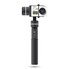 Handheld stabilizer with action camera. Vector illustration with realistic action extreme camera on selfie stick.