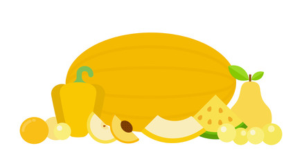 Vegetables and fruits of yellow color flat isolated