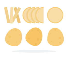 Whole potatoes and pieces of potato of different shapes flat isolated