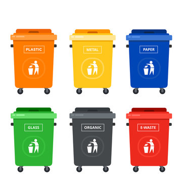 Colored tanks on wheels for sorting garbage vector flat isolated