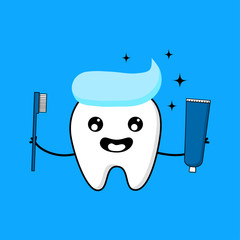 Cute tooth cartoon character. Emoticons with different facial expressions. Dental care concept isolated on blue background. Vector Illustration. 