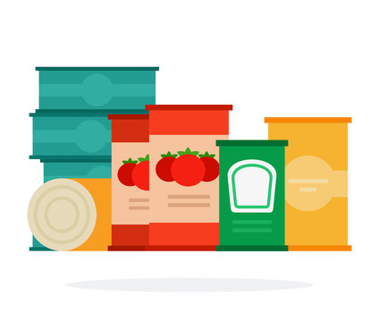 Canned tomatoes, soups and canned fish flat isolated