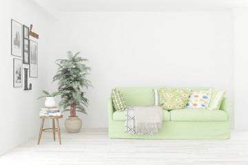 White stylish minimalist room with sofa. Scandinavian interior design. 3D illustration
