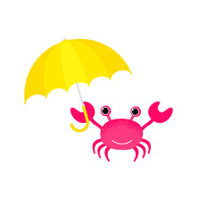 Red crab and sun umbrella. Summer vacation  poster. Cartoon flat style vector illustration. Design for covers, cards, envelopes, flyers