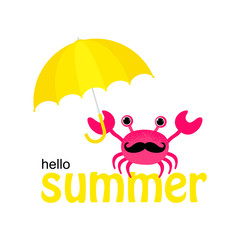 Red crab with Hello Summer text and sun umbrella. Summer vacation and sea travel poster. Cartoon flat style vector illustration. Design for covers, cards, envelopes, flyers