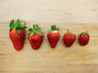 Fresh strawberries in a row on rustic wooden table