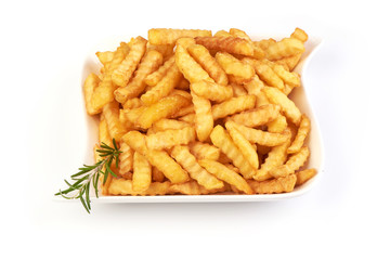 Fried French fries, potato fry, close-up, isolated on white background