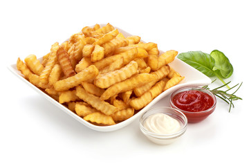 Potato fry, French fried potato fries with tomato sauce and mayonnaise, close-up, isolated on white background