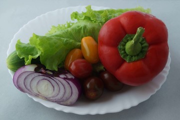  ingredients for vegetable salad on white background
