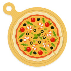 Mediterranean pizza on a wooden board vector flat isolated