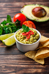 Avocado sauce guacamole with corn chips nachos