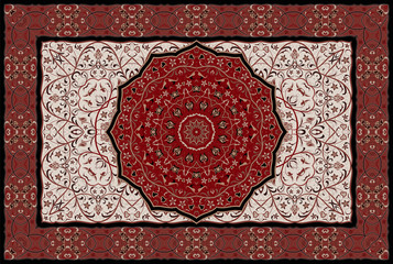 Vintage Arabic pattern. Persian colored carpet. Rich ornament for fabric design, handmade, interior decoration, textiles. Red background. - 256511347