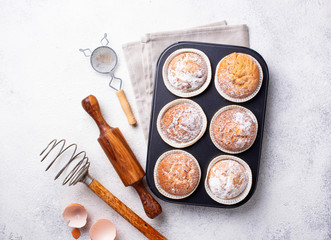 Sweet homemade cupcakes in backing dish
