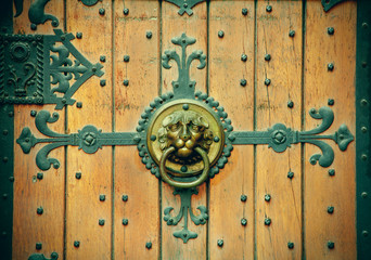 Ancient door background with decorative metal frame and face of lion