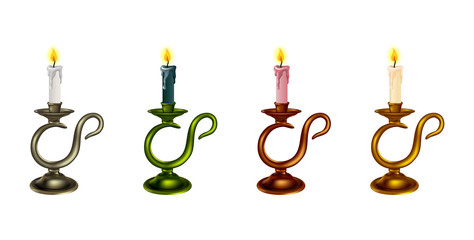 Set of four multicolored candlesticks with burning multicolored candles.Isolated on a white background.