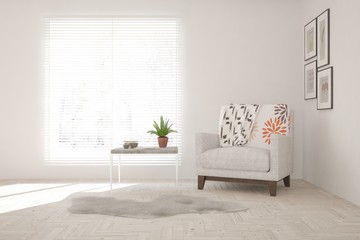 White cozy minimalist room with armchair. Scandinavian interior design. 3D illustration